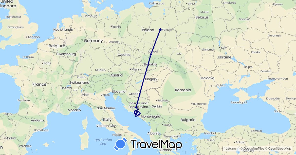 TravelMap itinerary: driving in Bosnia and Herzegovina, Croatia, Poland (Europe)